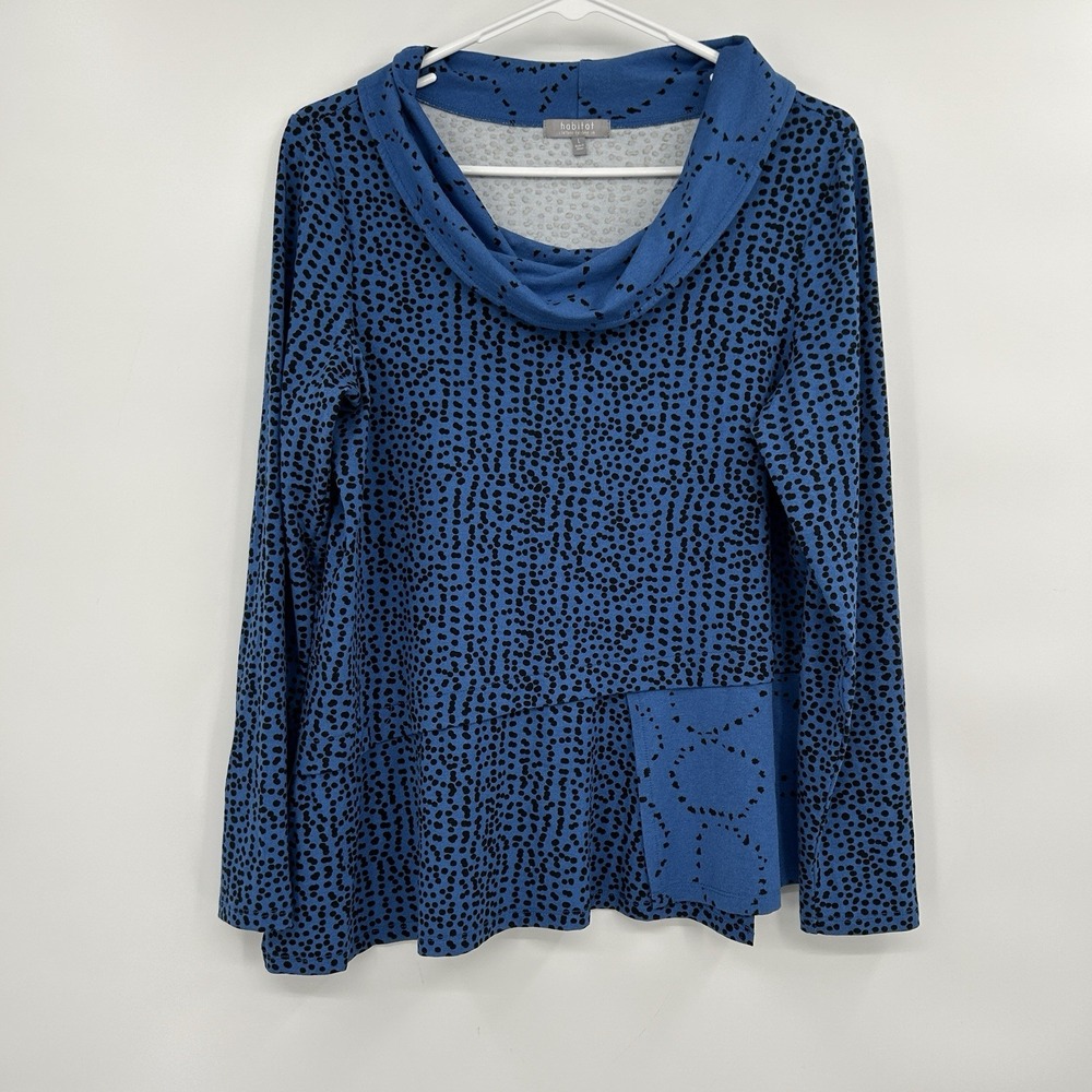Habitat Womens Artsy Cowl Neck Top Sz L Blue Lagenlook Abstract Boho 3/4 Sleeve